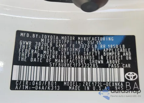 2015 Toyota Corolla L z USA, uszkodzony, nr VIN 5YFBURHE1FP332285